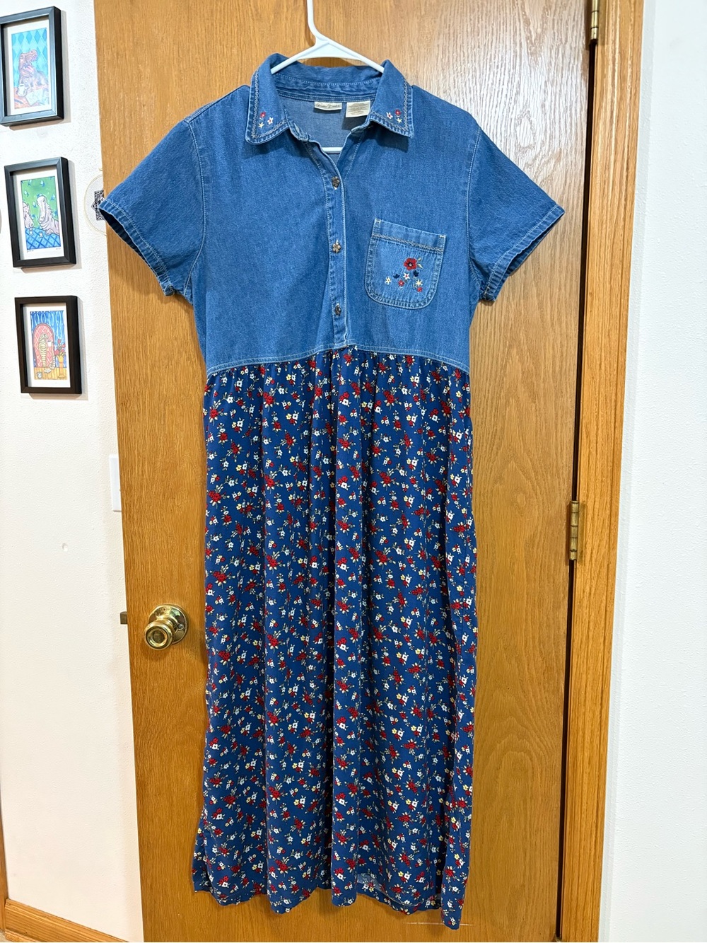 Women’s Vintage 90s Blue Denim-Top Floral Maxi Dress